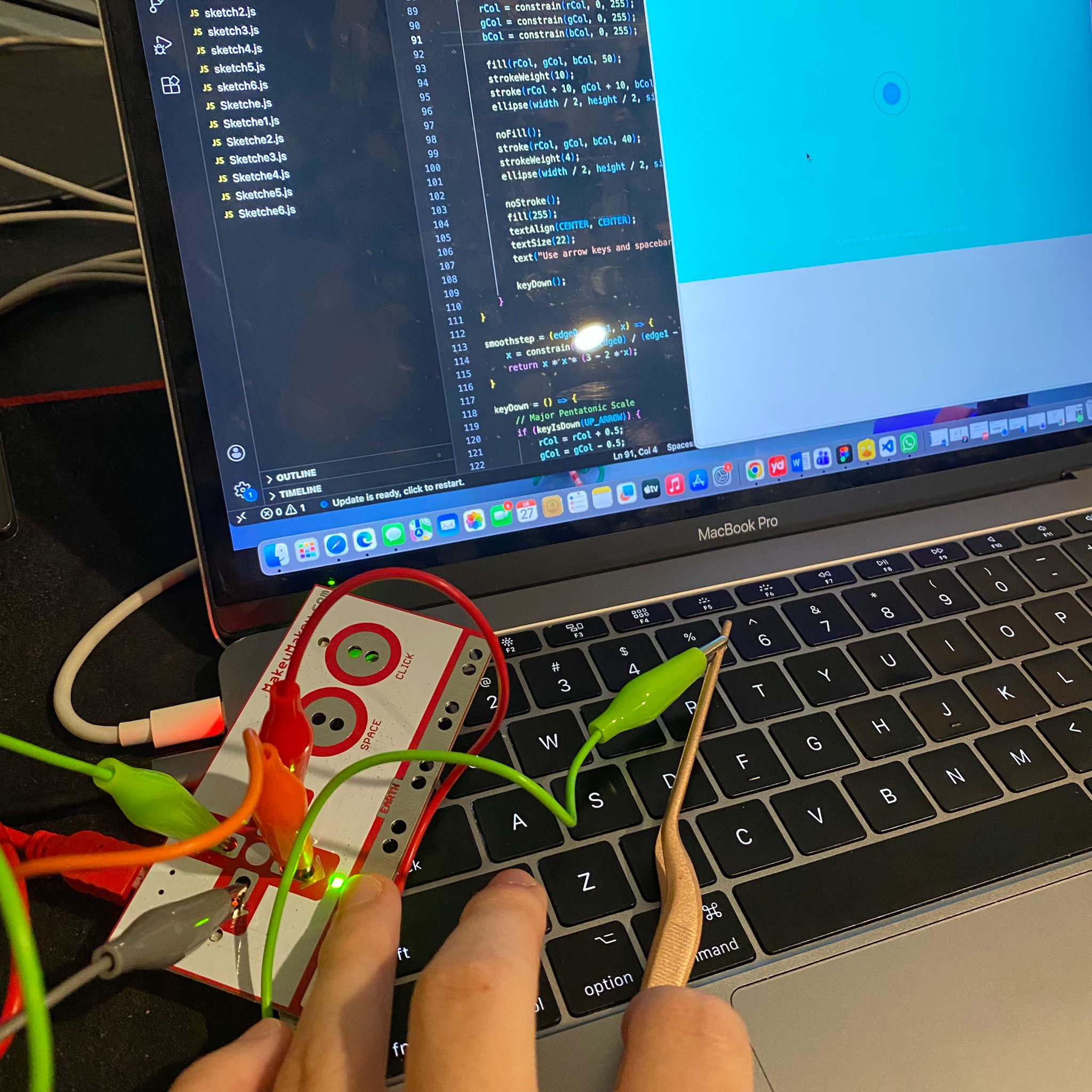 Try using forceps as a conductor to link the Makey Makey to trigger the effect of P5js.