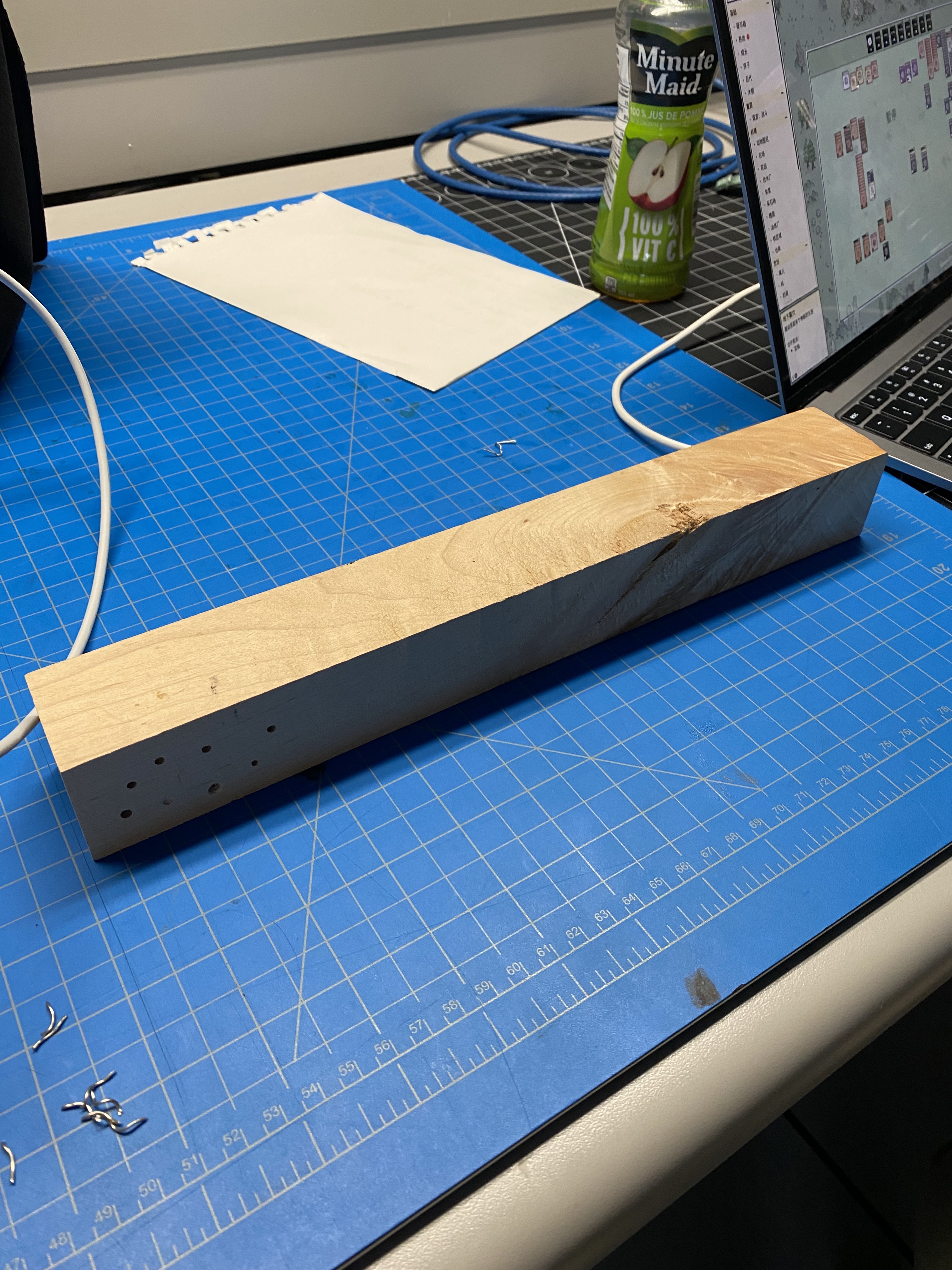 Material: Wood bar, Organic，Proccessed, light yellow and a dark brown, Hard.