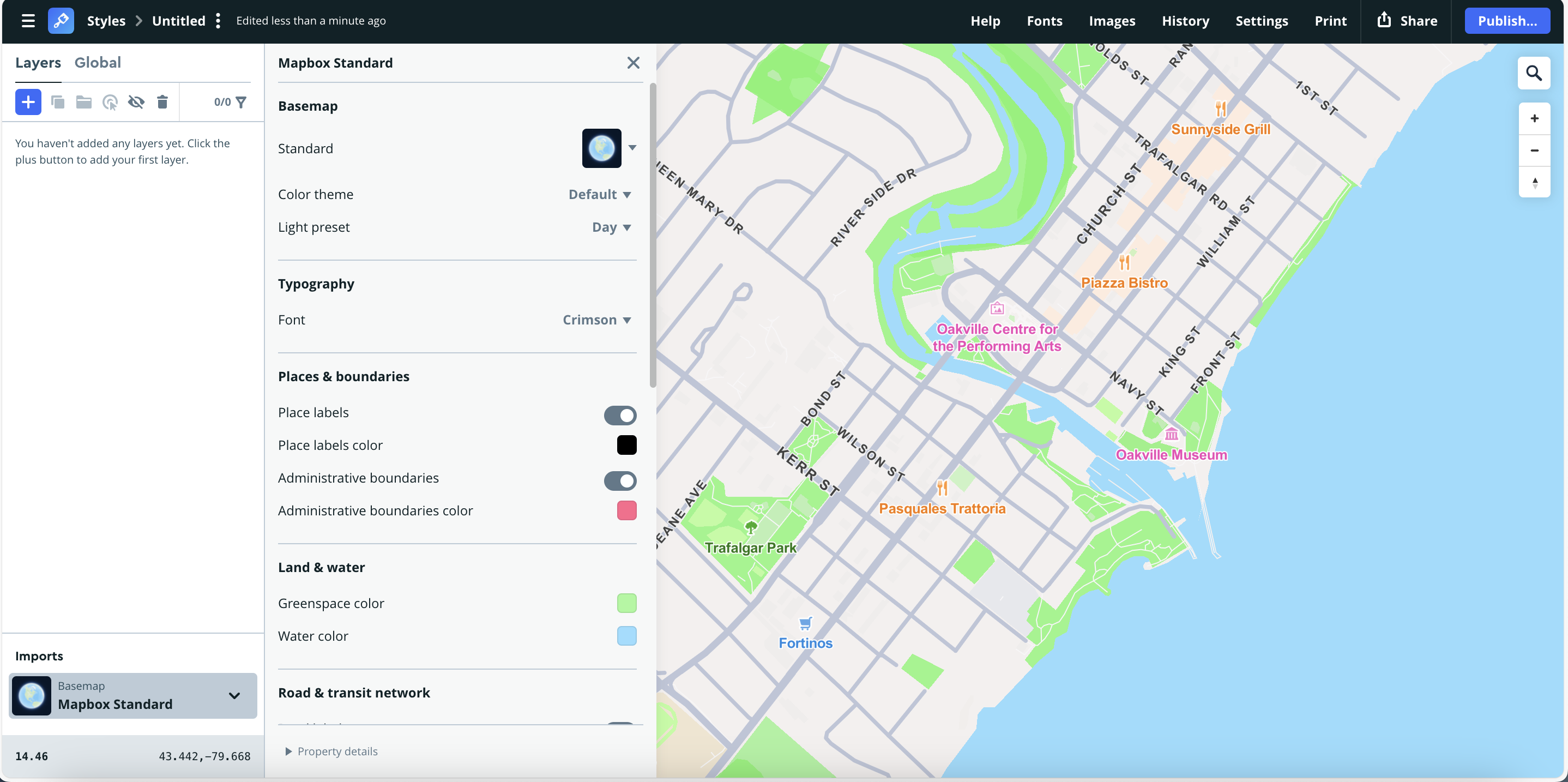 Font switched to Crimson, adding a more stylized and humanistic look. The greenspace and water colors are brighter and more saturated, creating a lively, almost playful aesthetic. Best for highlighting cultural or local areas.