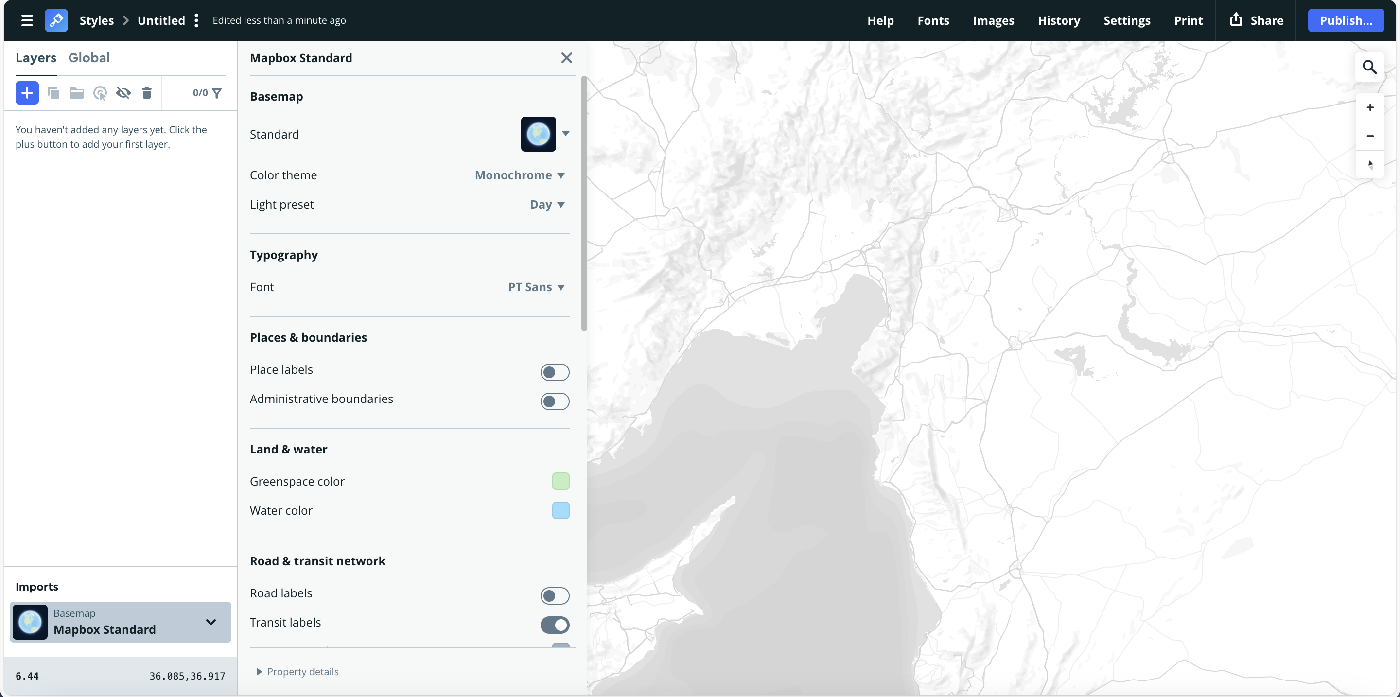 The Monochrome theme presents a grayscale terrain emphasizing topography and relief through subtle shading. Ideal for analytical or minimalist visualizations where color is not needed.