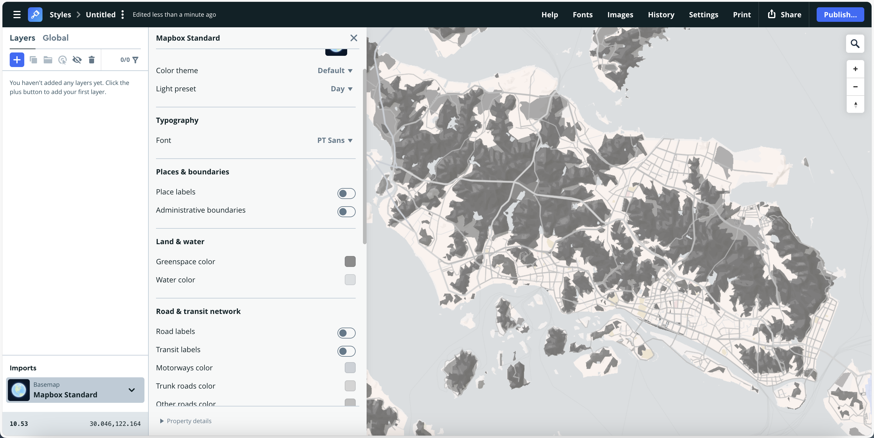 Uses Default color theme with dark elevation shading, highlighting mountainous regions. This version provides strong terrain contrast, effective for visualizing landform variations.