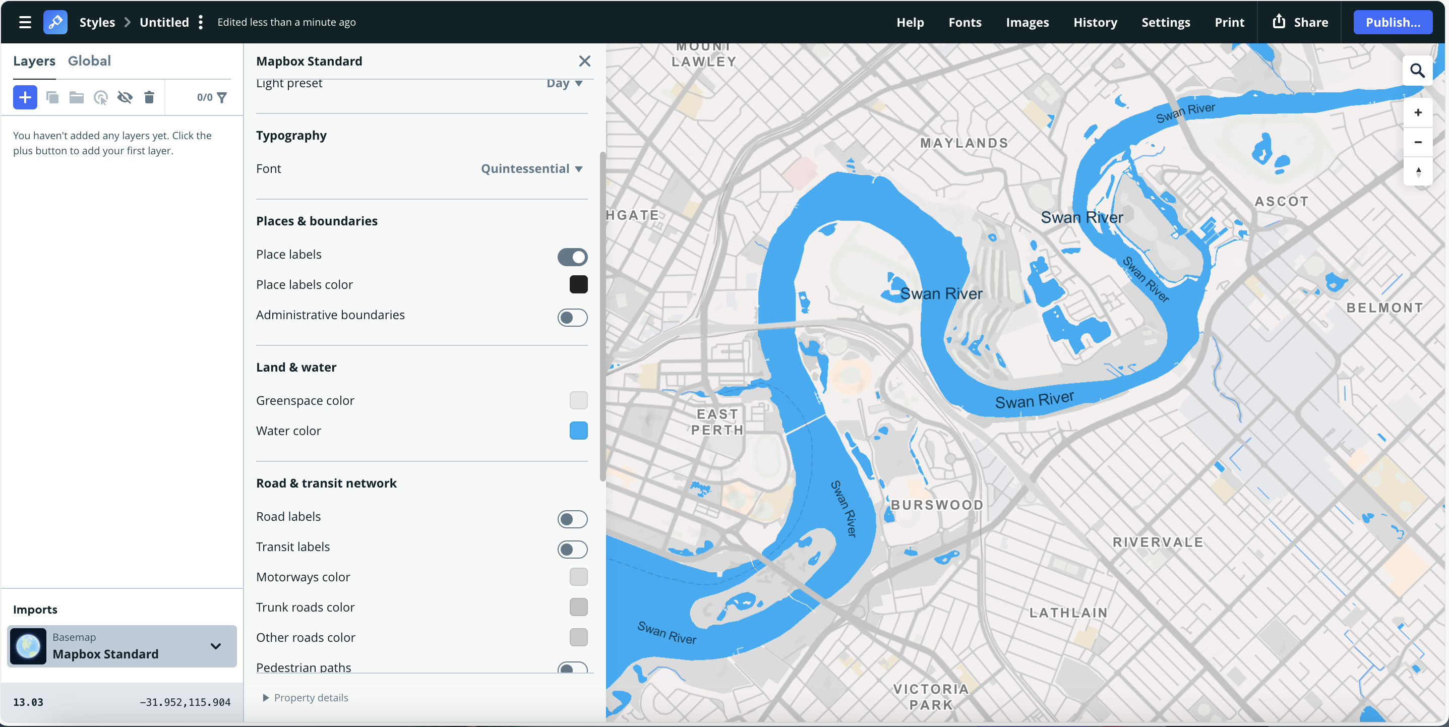 Features vivid water color and clear road hierarchy. The strong blue rivers and lakes draw focus to hydrology and urban structure—useful for city-scale design or tourism mapping.
