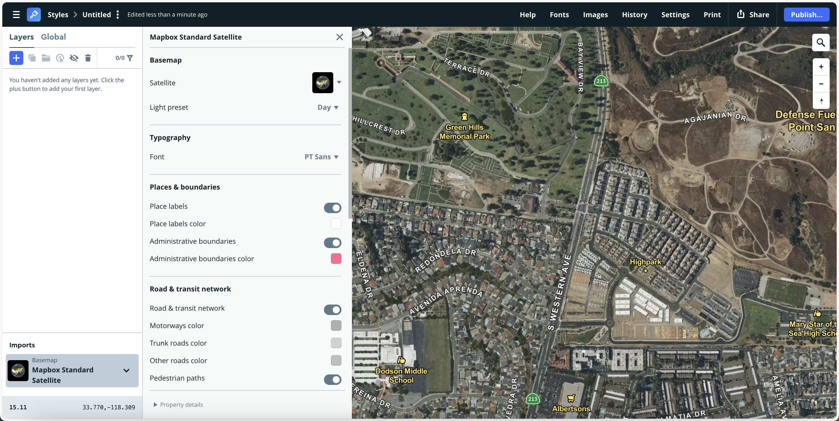 Switches to the Satellite basemap, combining real imagery with vector labels. Terrain and built environments are photorealistic, overlaid with clean white labels for clarity.