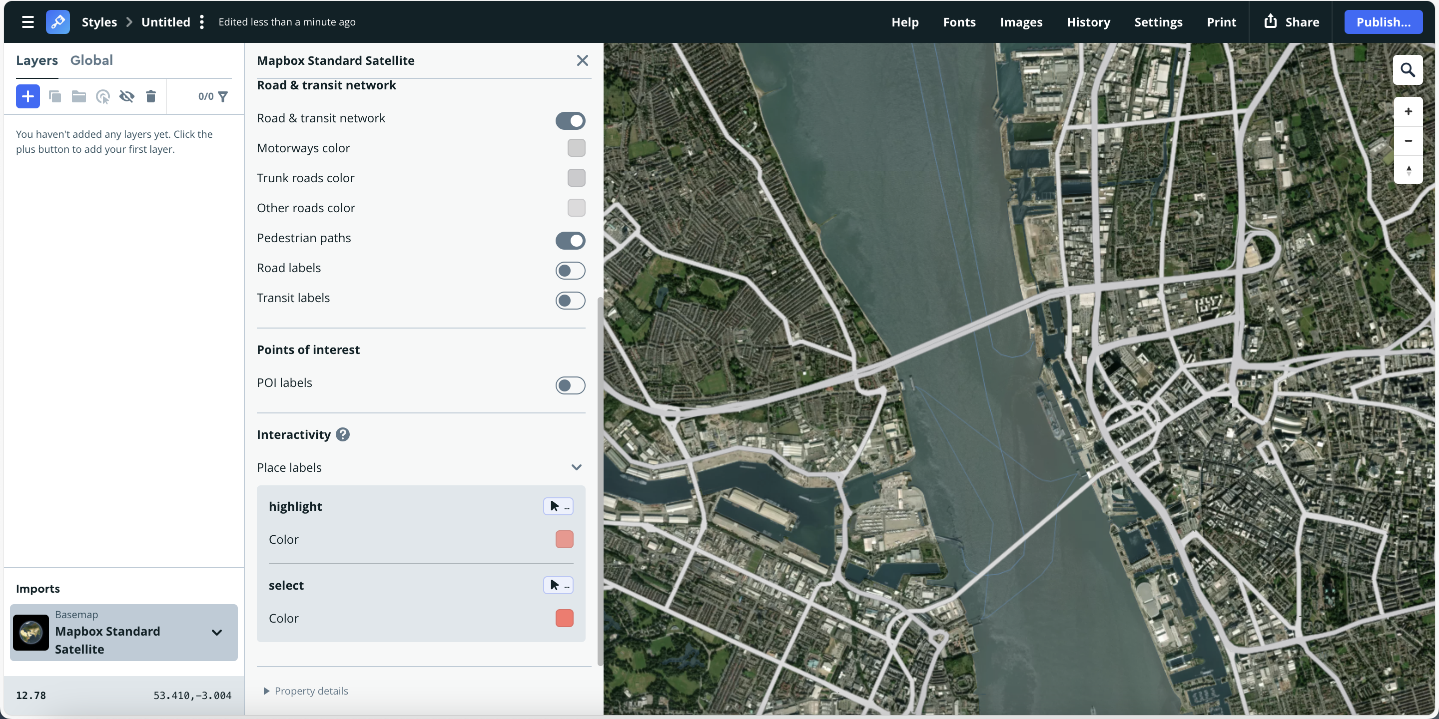 Displays detailed urban satellite imagery with highlighted vector road networks and interactivity options enabled. It merges realism with functional clarity—useful for urban mobility or GIS interaction design.