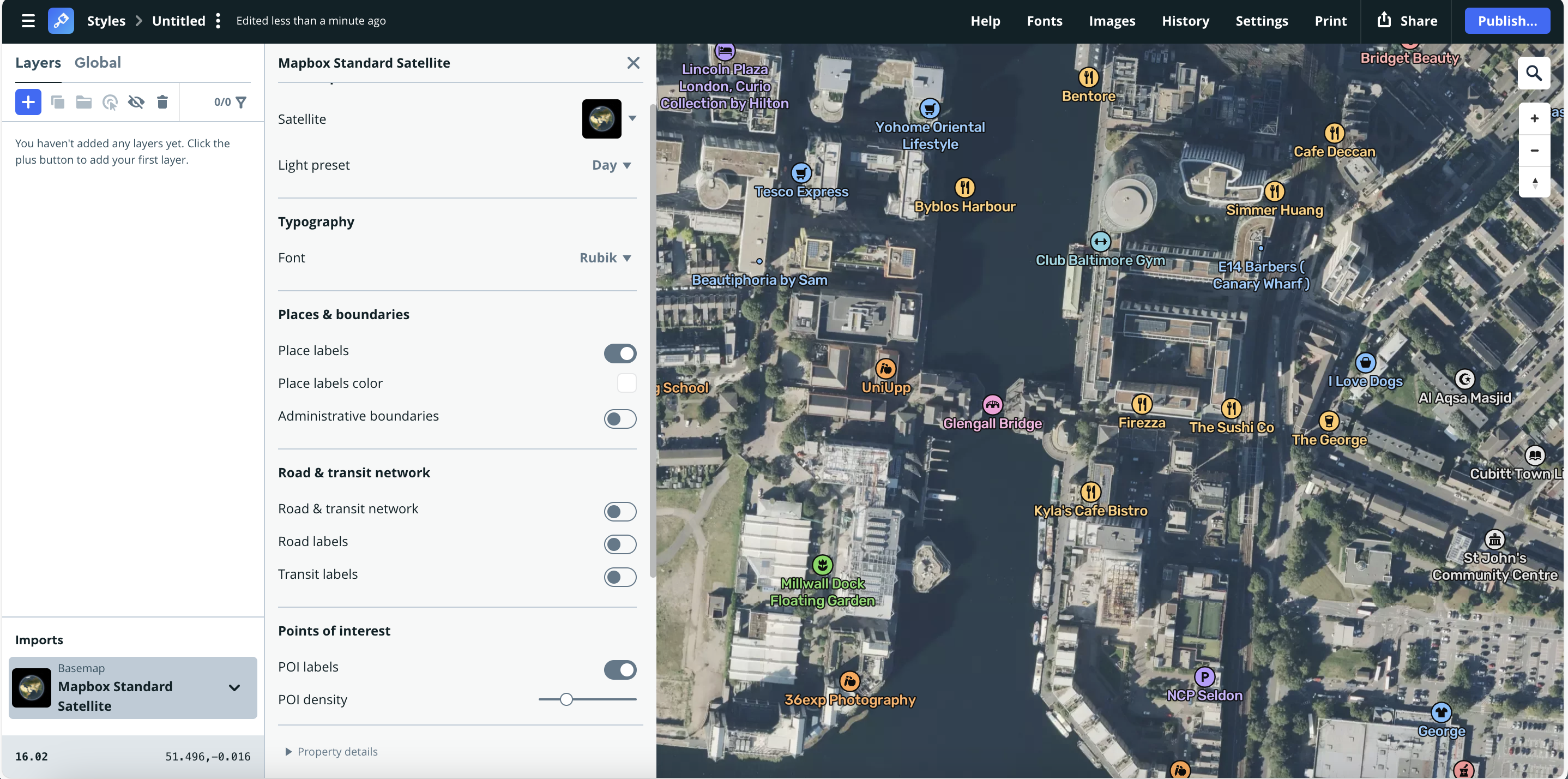 A dense urban satellite view with clear POI labeling. Restaurants, hotels, and gyms are vividly highlighted in color-coded categories. Ideal for commercial mapping or tourism visualization.