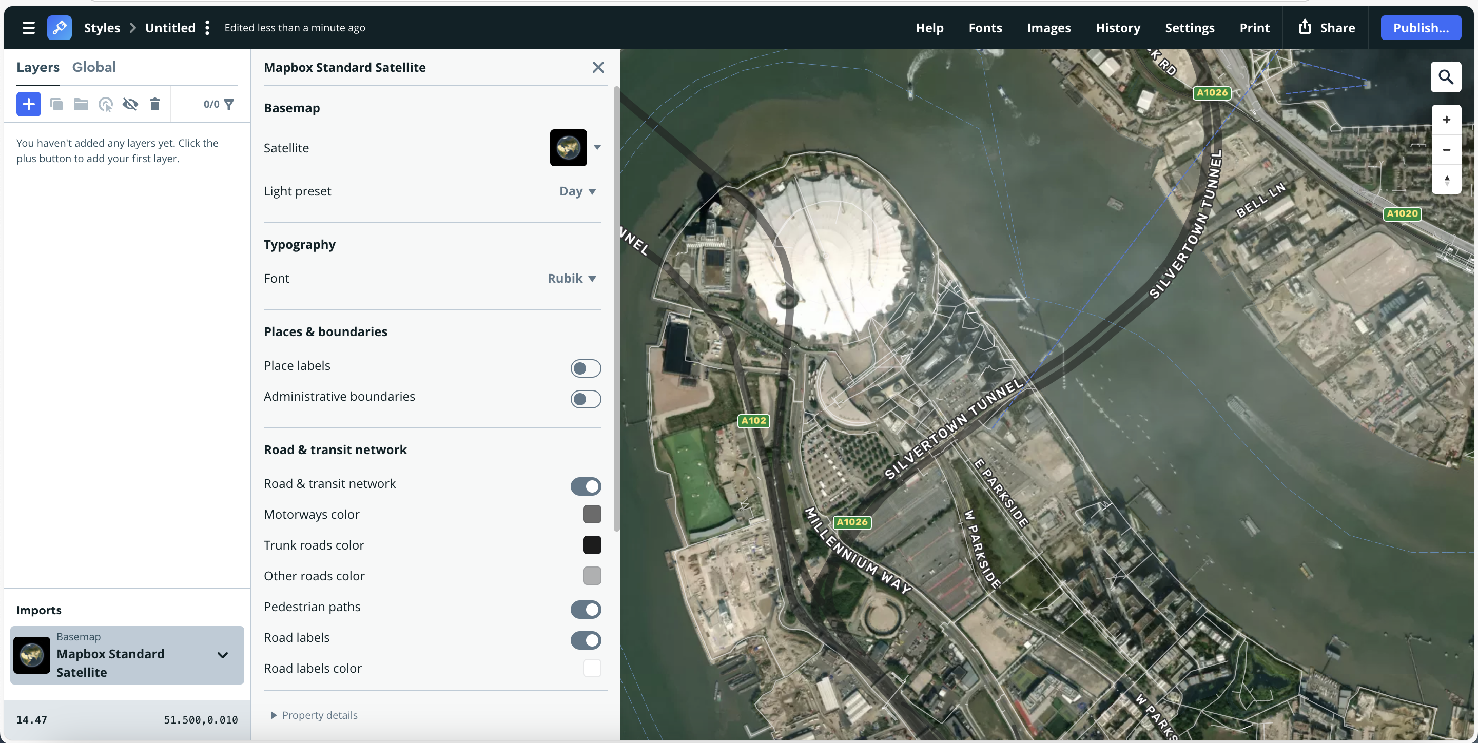 Shows major infrastructure and transport connectivity around the Thames, including the Millennium Dome and Silvertown Tunnel. The overlay highlights motorways and navigation routes, making it suitable for transport or event mapping.